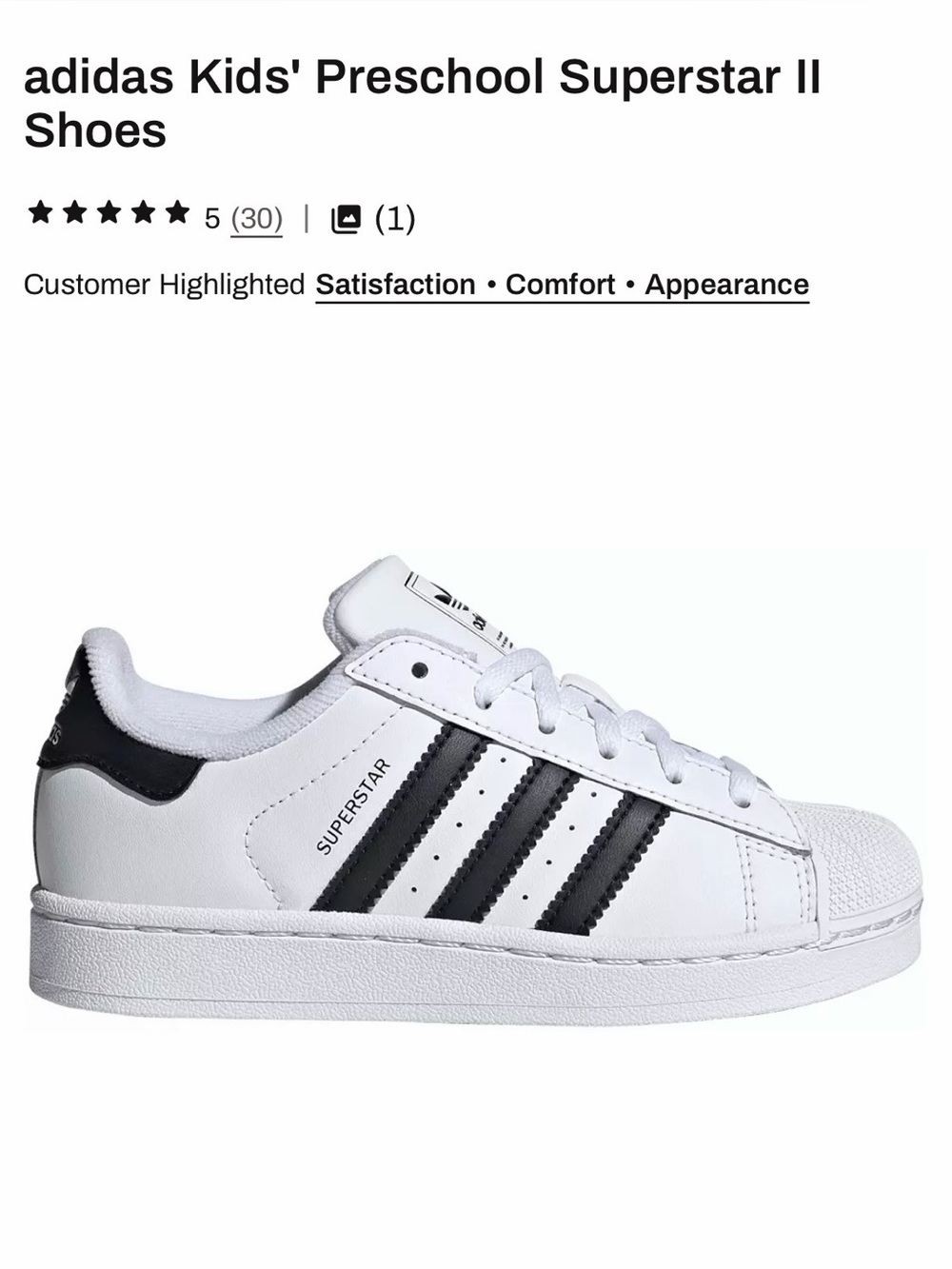 adidas Kids' Superstar II White with Black Stripes